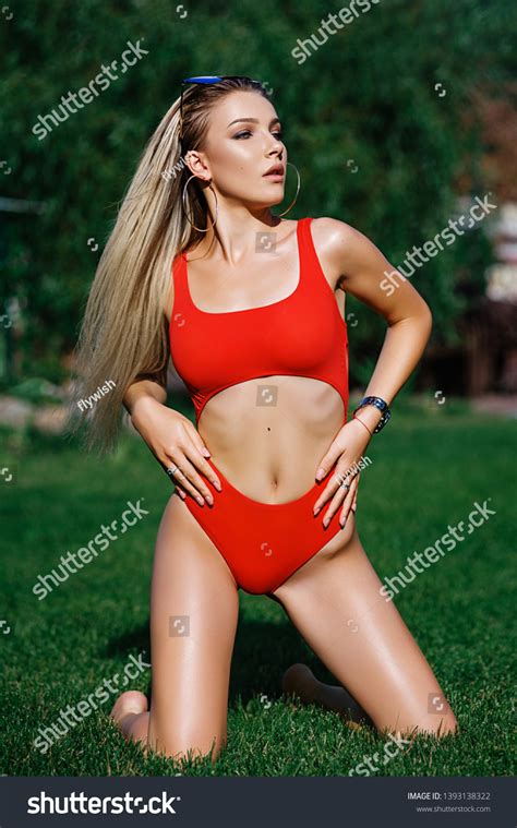 Sexy Blonde Red Swimsuit Stock Photo 1393138322 Shutterstock