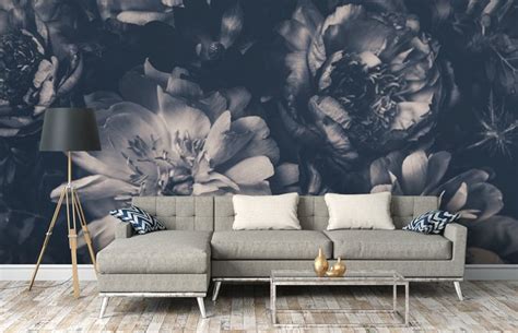 Black And White Floral Mural Wallpaper : Modern Hand Painted Black And ...