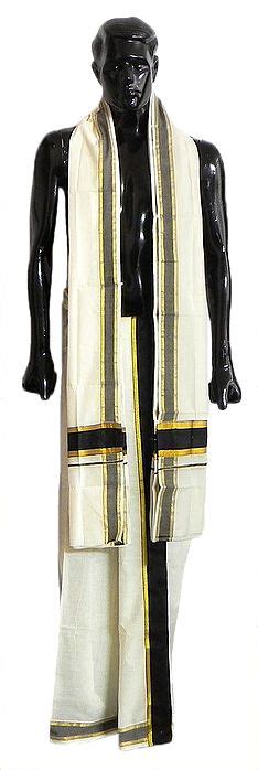 Off White Cotton Kerala Lungi And Chadar With Black And Golden Border