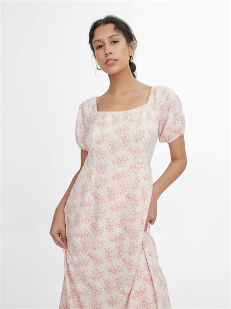 Sustainable Puff Sleeve Square Neck Midi Dress Pink Pomelo Fashion