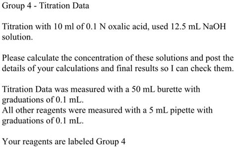 Solved Group 4 Titration Data Titration With 10 Ml Of 01 N Oxalic