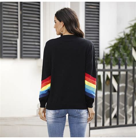 Sweater Women Autumn Winter Long Sleeve Rainbow Striped Top White Knit