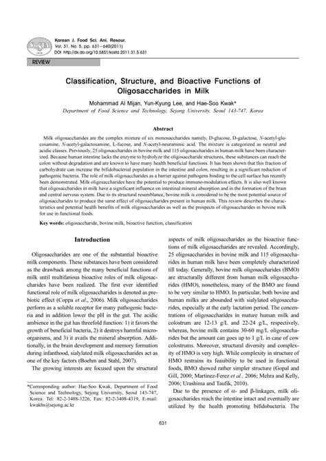 (PDF) Classification, Structure, and Bioactive Functions of Oligosaccharides in Milk