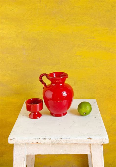 Still Life With Red Vase And Lemon White Colorful Decoration Photo ...