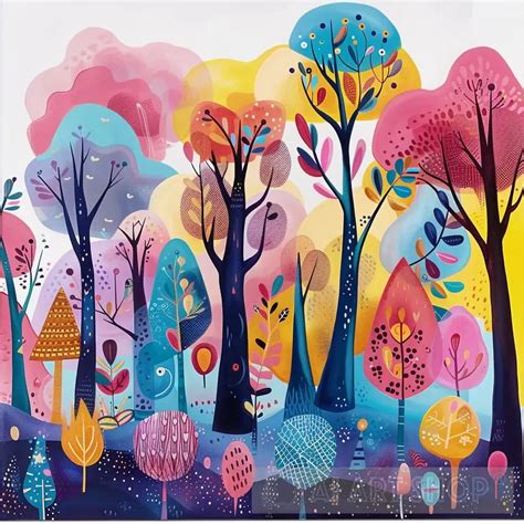 whimsical magical forest folk art illustration