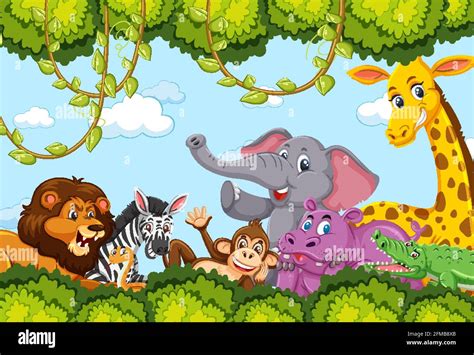 Wild animals group in the forest frame illustration Stock Vector Image & Art - Alamy