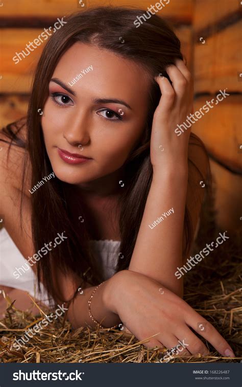 Gorgeous Brunette Long Legs Posing Hayloft Stock Photo Shutterstock