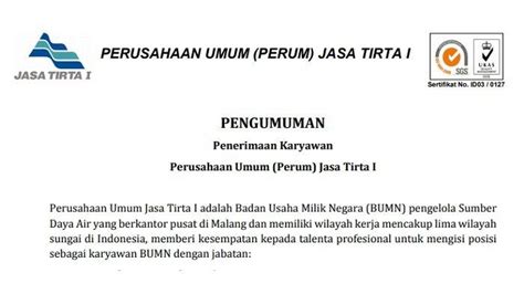 Perum Jasa Tirta I Buka Lowongan Kerja Cari Karyawan Baru Ini Syarat