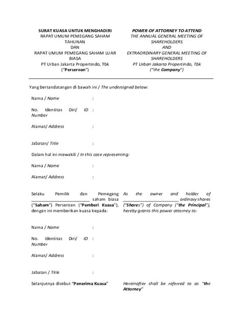 Fillable Online Surat Kuasa Untuk Menghadiri Power Of Attorney To