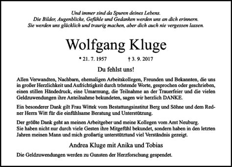 Traueranzeigen Von Wolfgang Kluge Trauer Anzeigen De