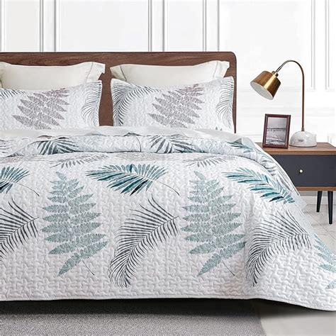 Durlengen Floral Quilt Set California King Size 3pcs Teal And Khaki Leaves Printed On