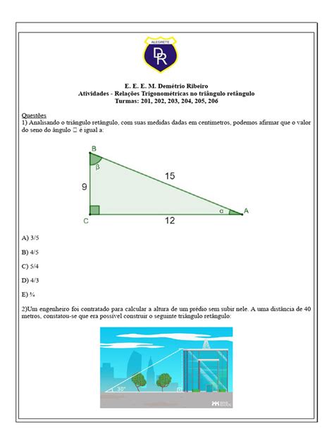 Atividades Relações Trigonométricas No Triângulo Retângulo Pdf