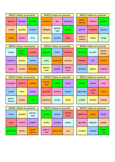 Bingo El Presente De Indicativo Tableros Alumnos Juegos De