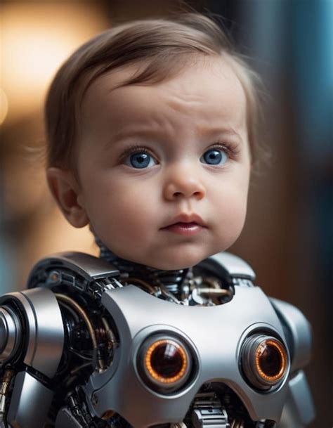 Un bebé con ojos azules y ojos azules se sienta frente a un robot