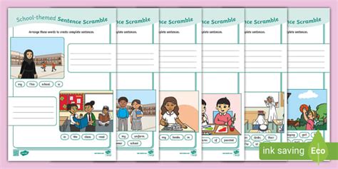 School Themed Sentence Scramble Activity Sheets Twinkl