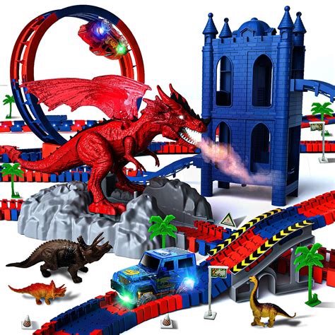 Buy Dinosaur Toys Race Track With 2 Race Cars 230 Piece Flexible Train