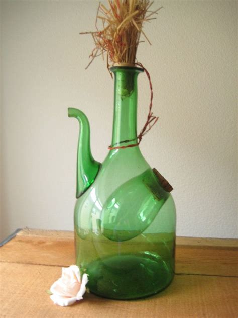 Fantastic Green Glass Wine Carafe Vintage Green Glass Wine Jug Hand