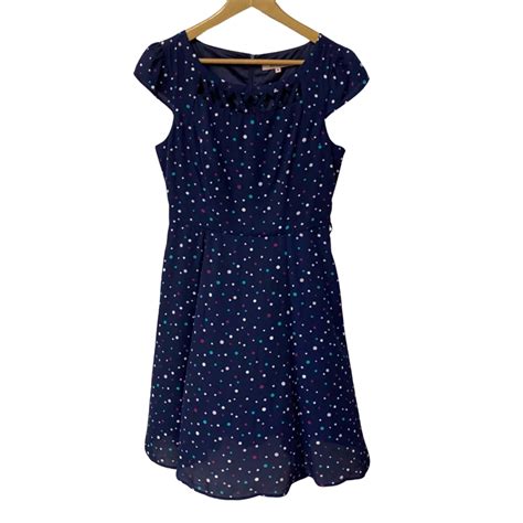 Review Womens Size 12 Sleeveless Dress Navy Blue Polka Dot S