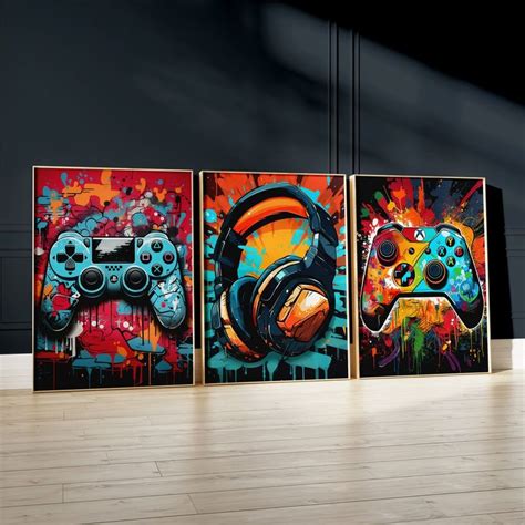 Set Of 3 Gaming Prints Gamer Decor Graffiti Wall Art Teen Room Prints