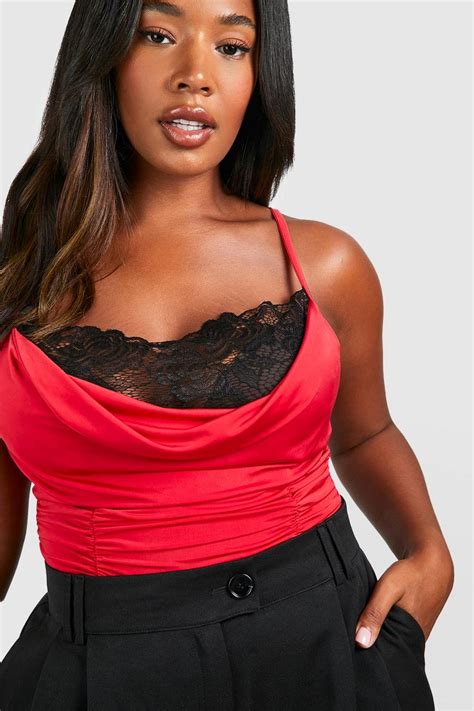 Red Plus Lace Inset Slinky Bodysuit Boohoo Uk