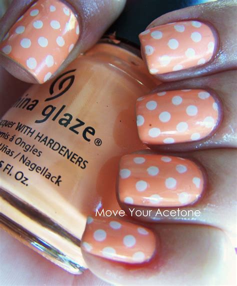 Peach Manicure With White Polka Dot Nail Art Dot Nail Art Nail Tip