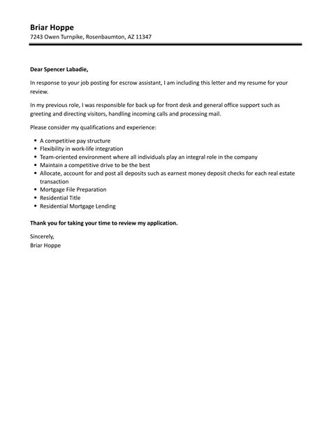 Escrow Assistant Cover Letter Velvet Jobs