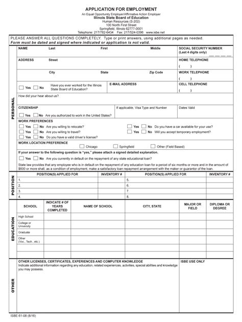 Fillable Online Isbe State Il Application For Employment Isbe