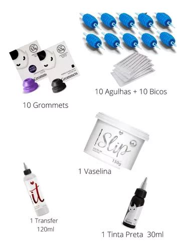 Kit Tatuagem Tinta Transfer Vaselina Agulhas Bicos Grommets