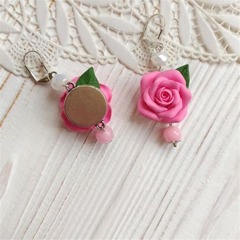 Pink Rose Earrings Polymer Clay Earrings Rose Earrings Floral Etsy