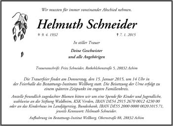 Traueranzeigen Von Helmuth Schneider Trauer De