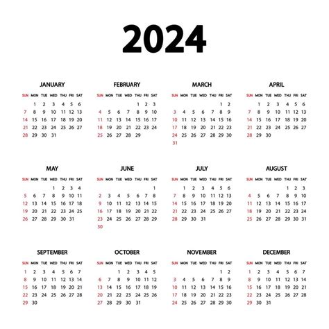 Calendar 2024 Year The Week Starts Sunday Annual English Calendar