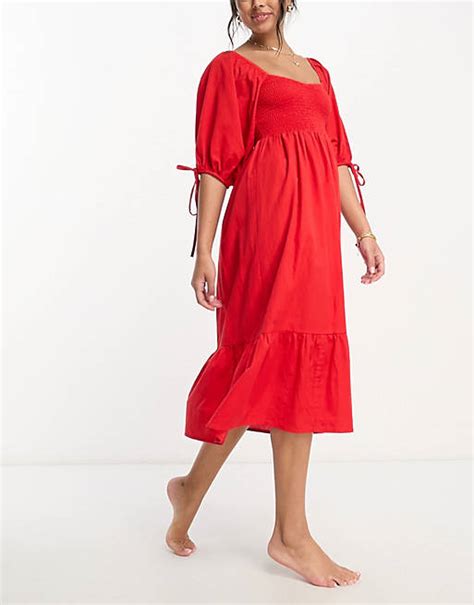 Accessorize Puff Sleeve Textured Midi Beach Summer Dress In Red Asos