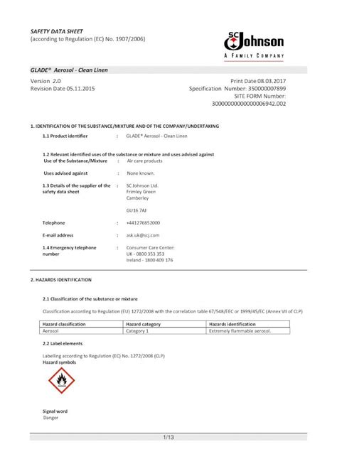 Pdf Safety Data Sheet Glade® Aerosol Clean Linen · Safety Data Sheet According To