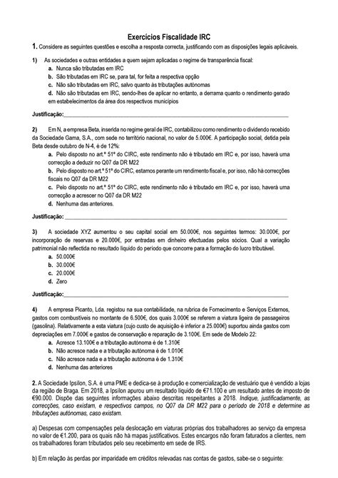 Teste Fiscalidade Exercícios Fiscalidade Irc 1 Considere As Seguintes Questões E Escolha A