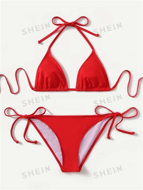 Shein Swim Summer Beach Mono Bikini Set Halter Triangle Bra And Tie Side