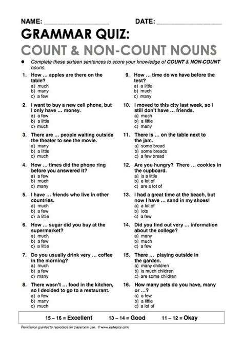 Count And Non Count Nouns Worksheet