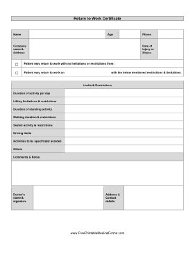 Printable Return To Work Form