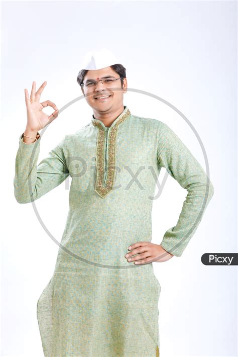 Image Of Indian Man Wearing Traditional Dress With Happy Gesture And