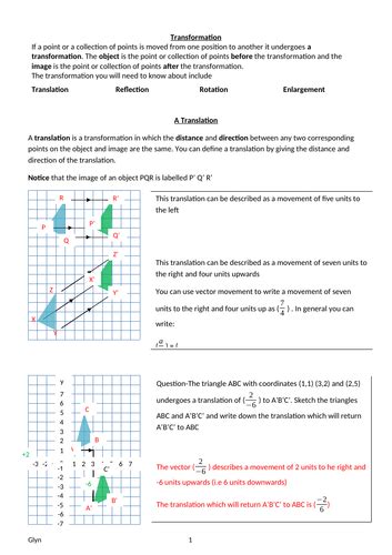 Gcse Transformation And Vectors Translation Reflection Rotation