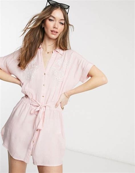 River Island Cutwork Mini Beach Shirt Dress In Pink Asos Shirt