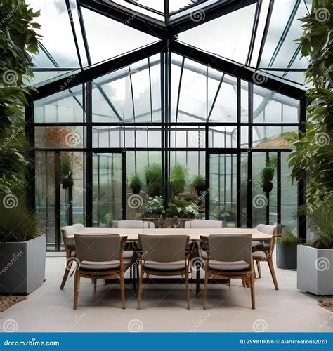 A Contemporary Greenhouse Conservatory With Glass Walls Hanging Plants