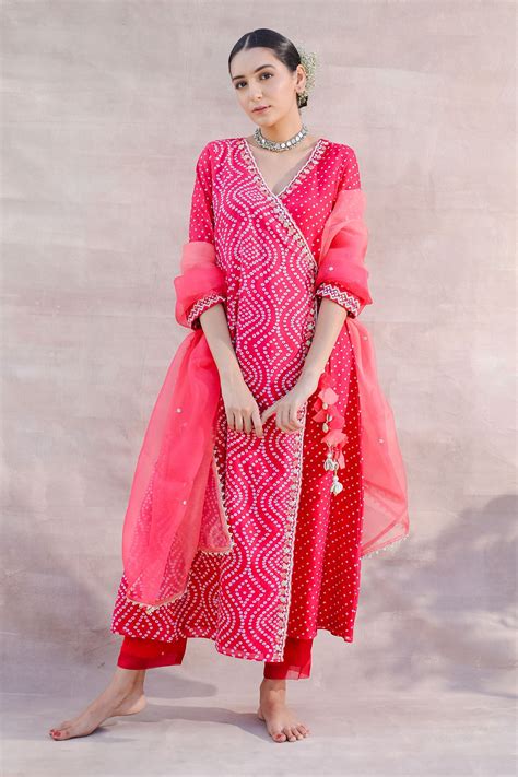 Buy Red Chanderi Silk Printed Bandhani V Neck Falak Angrakha Set For