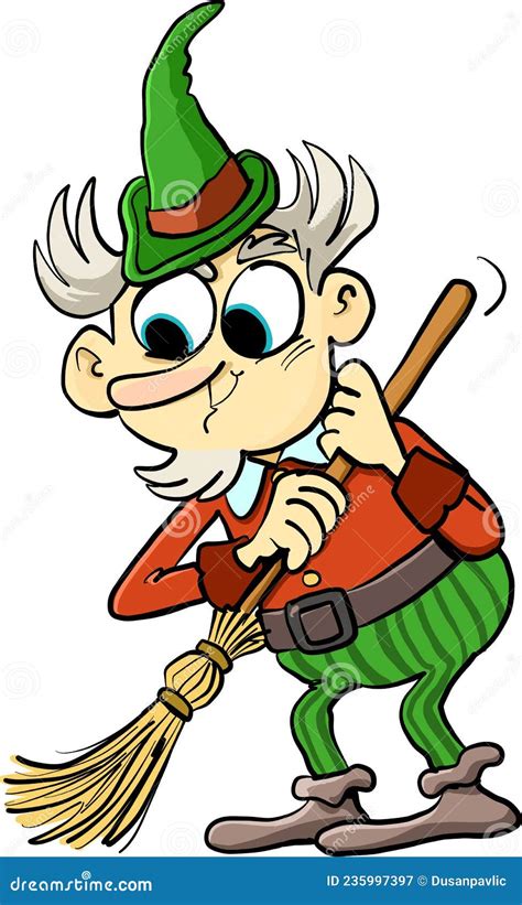 Dwarf Who Diligently Cleans The House With A Broom Stock Vector