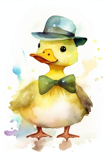 Una Pintura De Acuarela De Un Pato Con Sombrero Y Pajarita Foto Premium