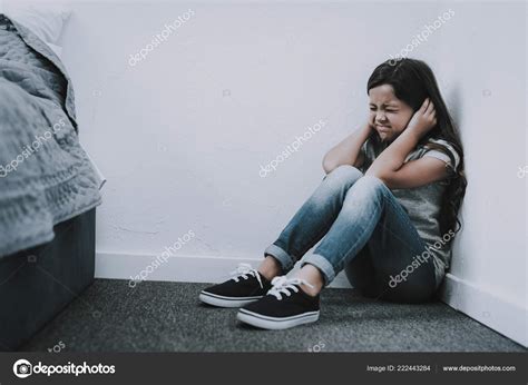 Crying Girl Sits Floor Closes Ears Eyes Closeup Portrait Scared Stock