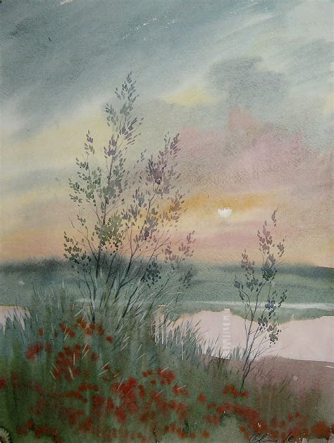 Sunset Over The River Watercolour By Valeriy Savenets 1 Artfinder