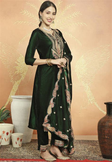 Buy Embroidered Velvet Pakistani Suit In Dark Olive Green Online