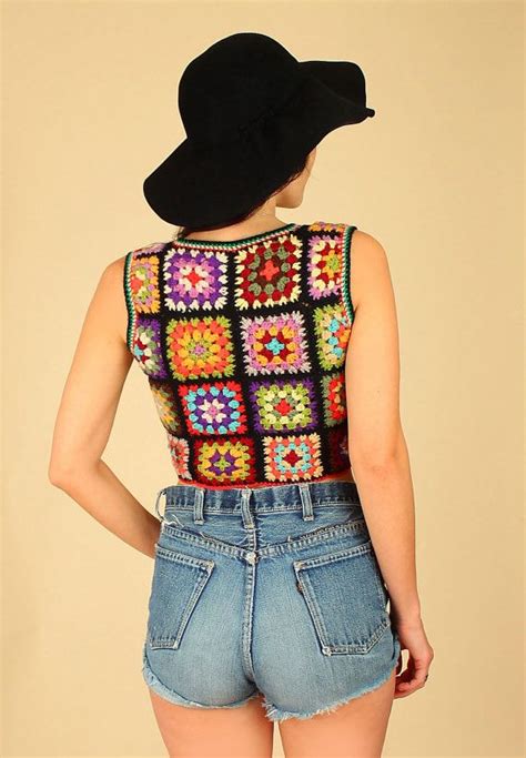 Vintage S Adolfo Crochet Crop Top Granny Squares Vest S Etsy