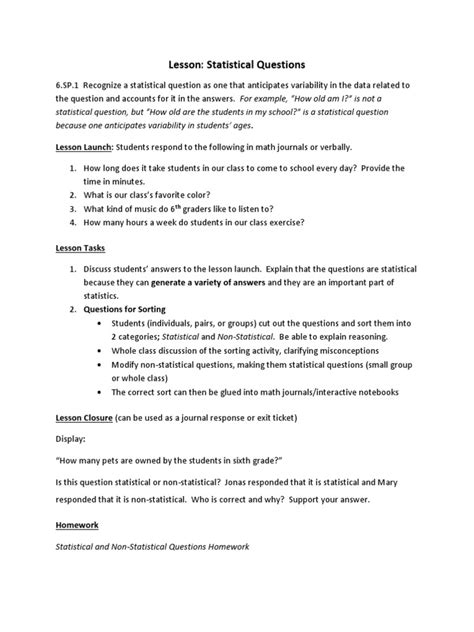 Statistical Vs Non Statistical Questions Worksheets