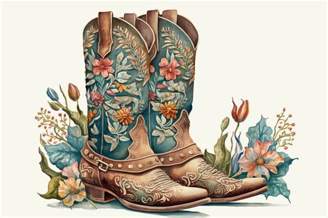 Western Boots With Flowers Watercolor Graphic By Xmerch Creative